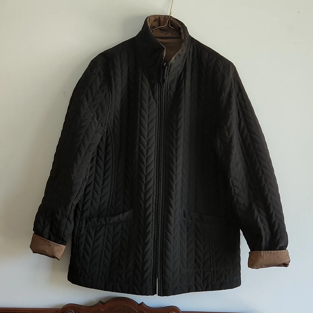 Women's Jacket Reversible Bronze to Black Front Zip with Two Pocke - Picture 2 of 4